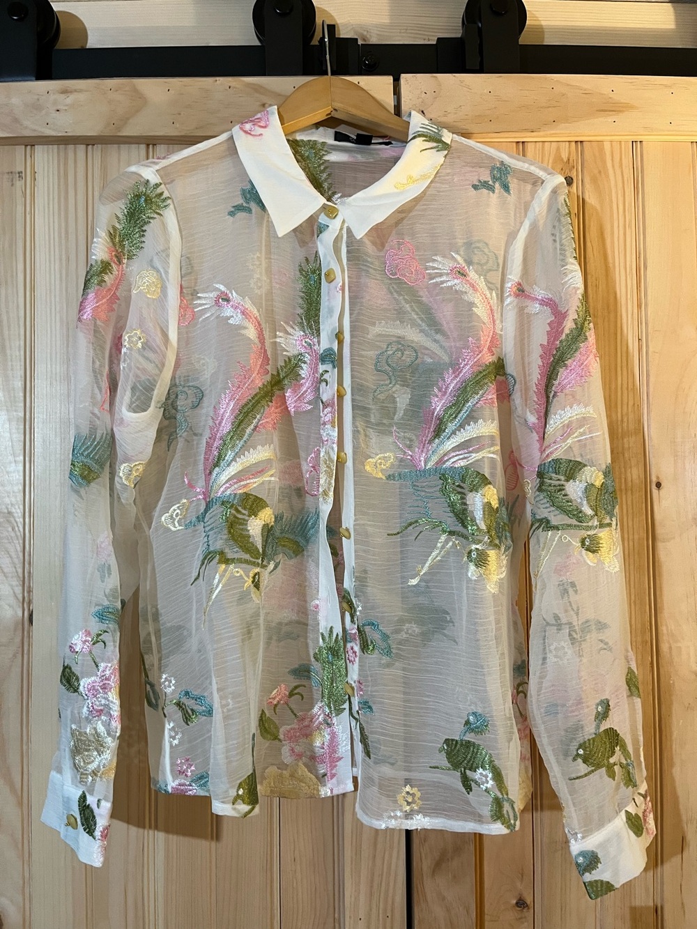 Sheer Embroidered Button-Up Blouse in Multicolor Floral - Picture 1 of 8